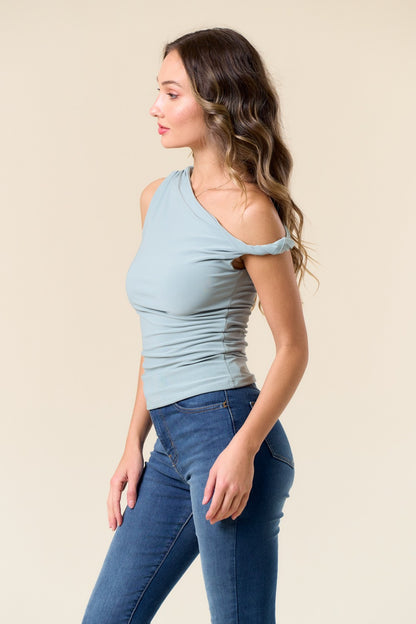 Solid Color Ruffled Asymmetric Shoulder Top