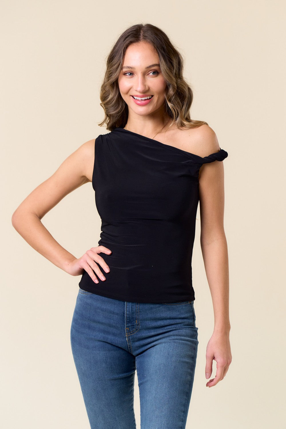 Solid Color Ruffled Asymmetric Shoulder Top