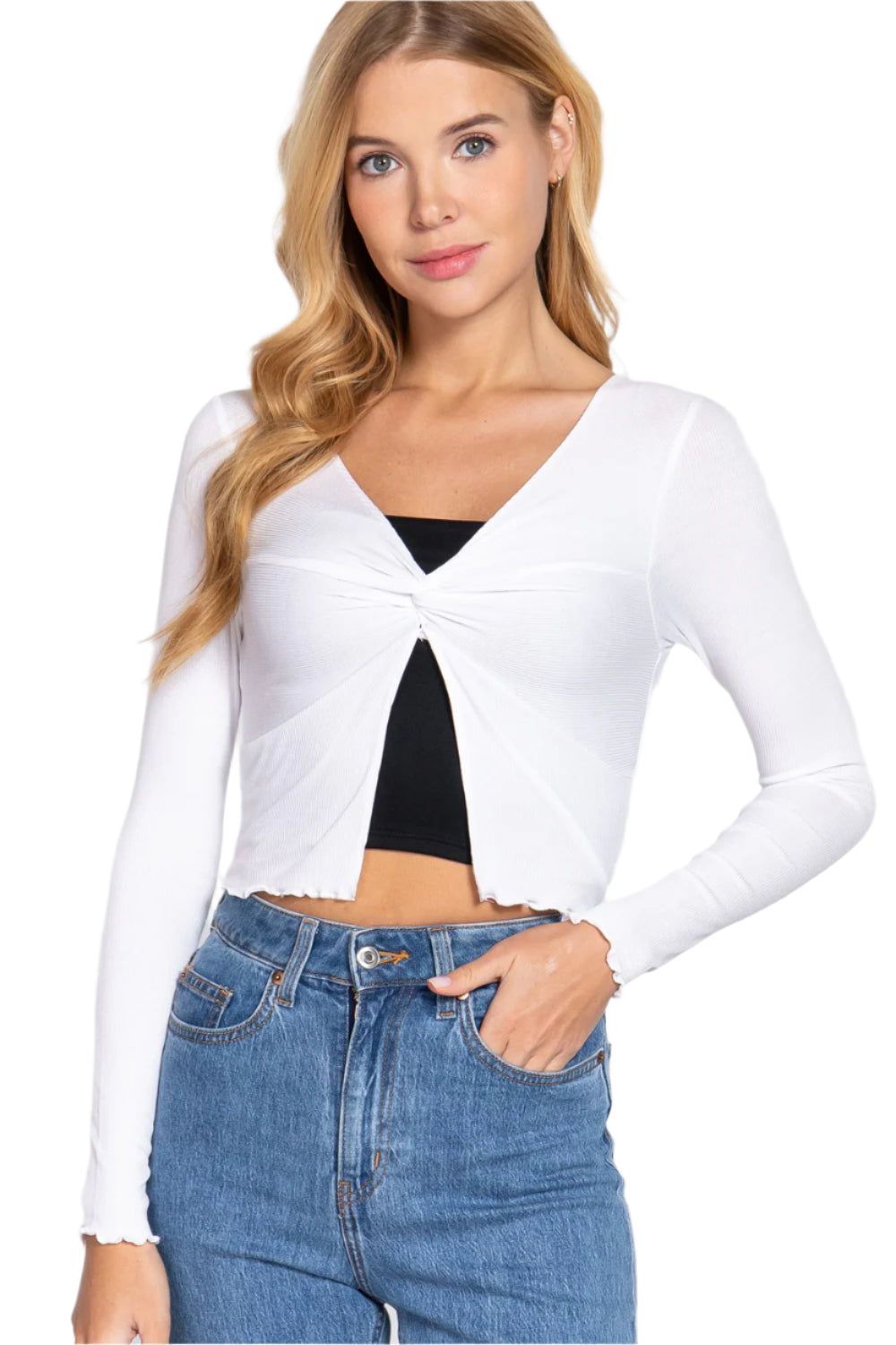 Long Sleeve V-neck Front Twisted Knit Top