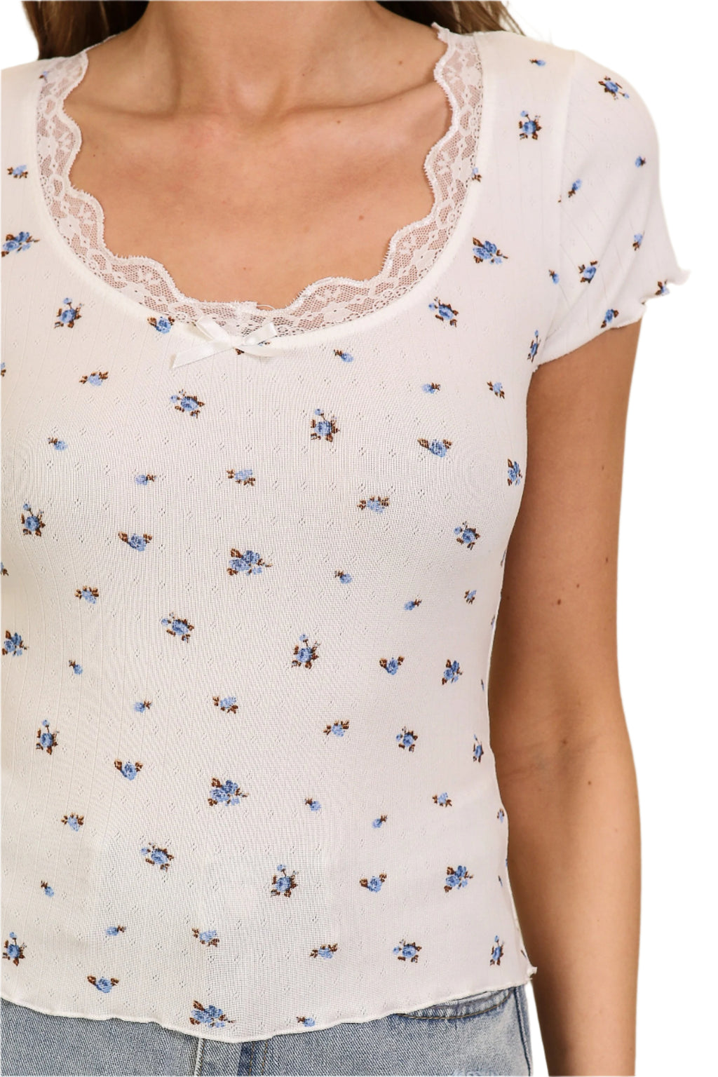 Lace Trim Floral Ribbed Knit Top