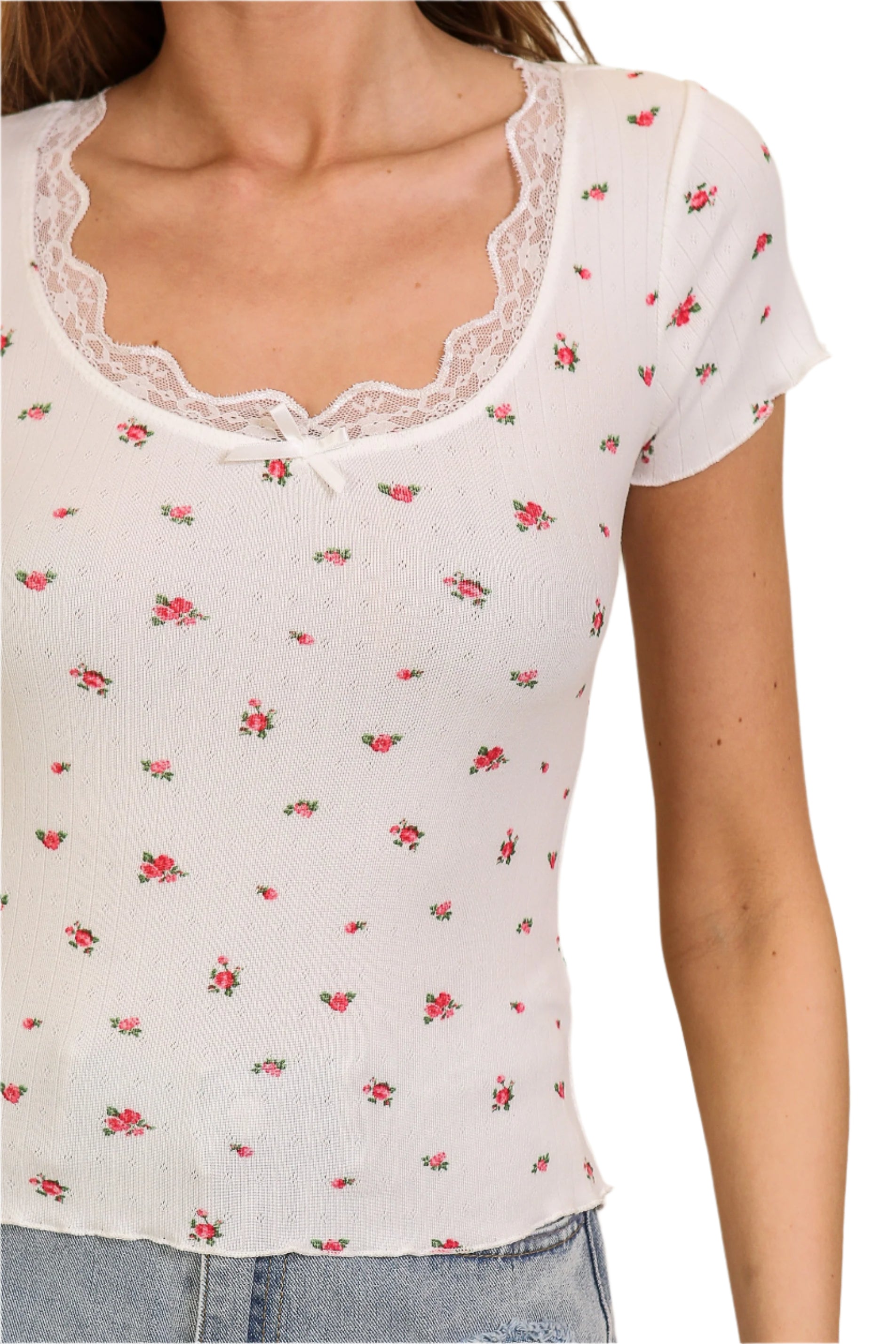 Lace Trim Floral Ribbed Knit Top