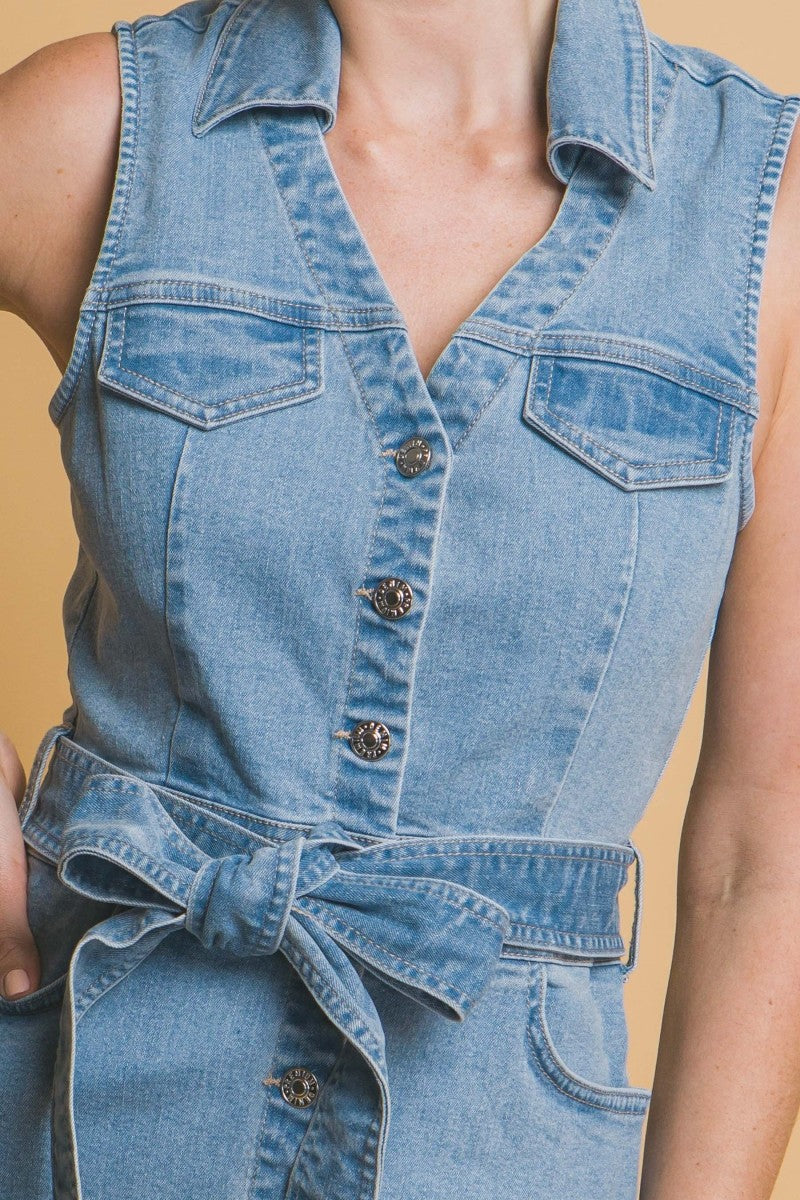 Sleeveless Belted Denim Dress