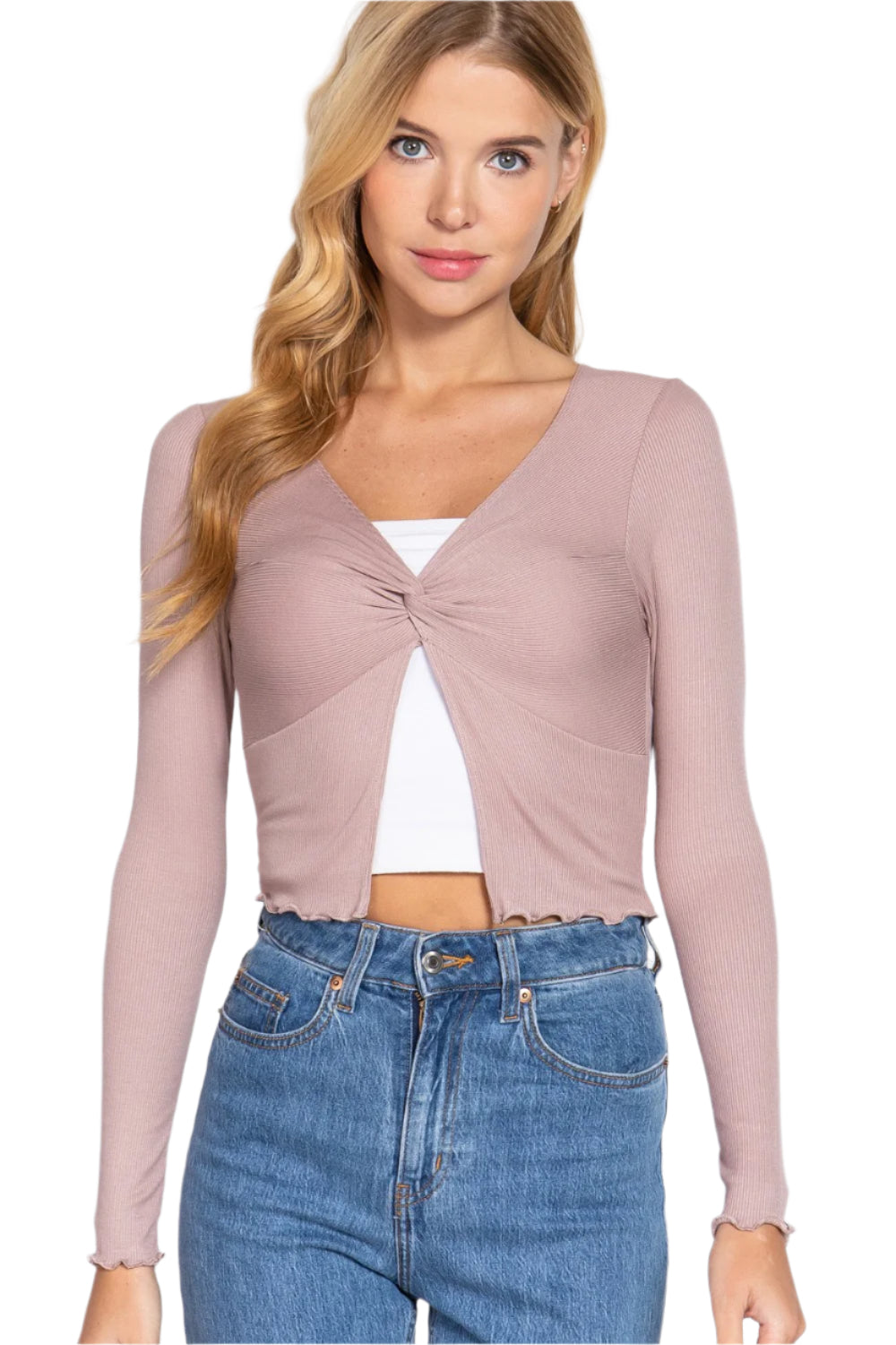 Long Sleeve V-neck Front Twisted Knit Top