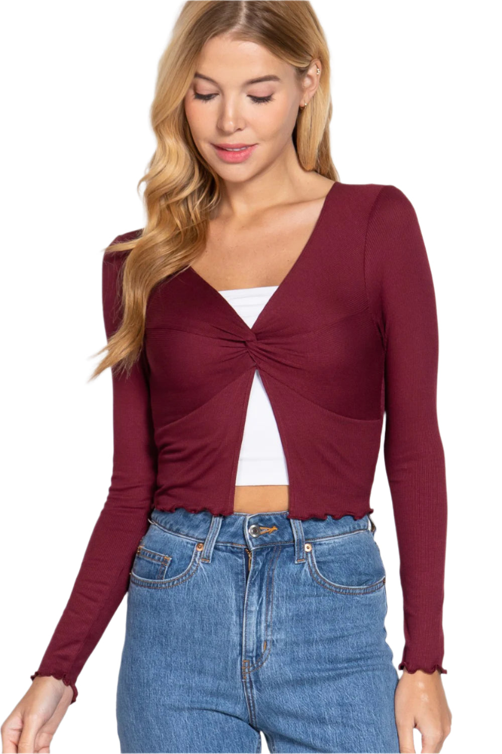 Long Sleeve V-neck Front Twisted Knit Top
