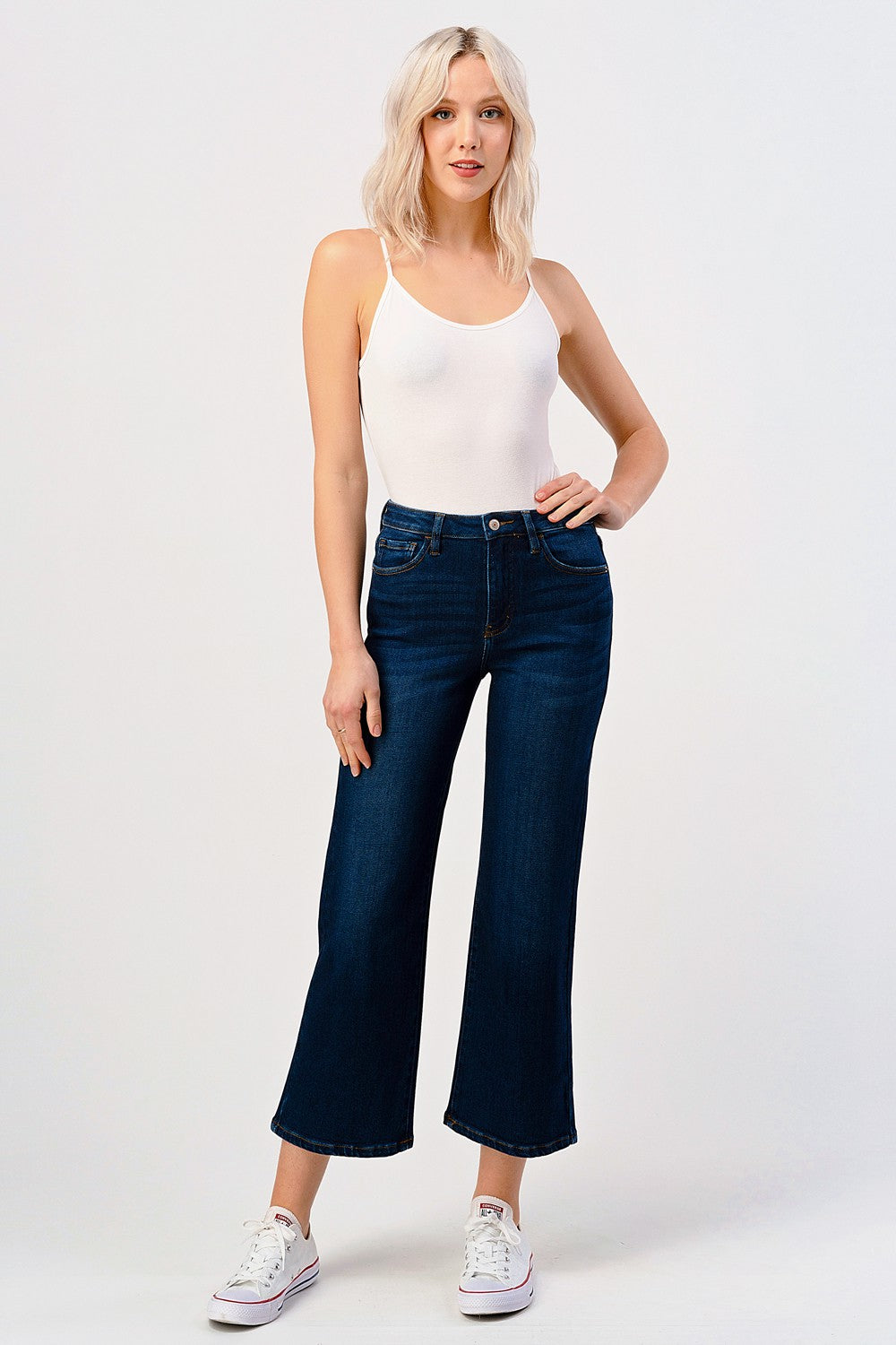 High Rise Dark Washed Cropped Flare Jeans