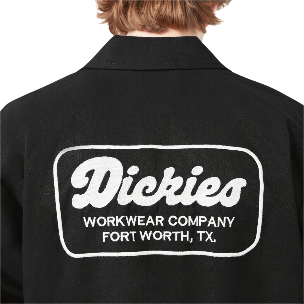Black work jacket with Dickies logo on the back