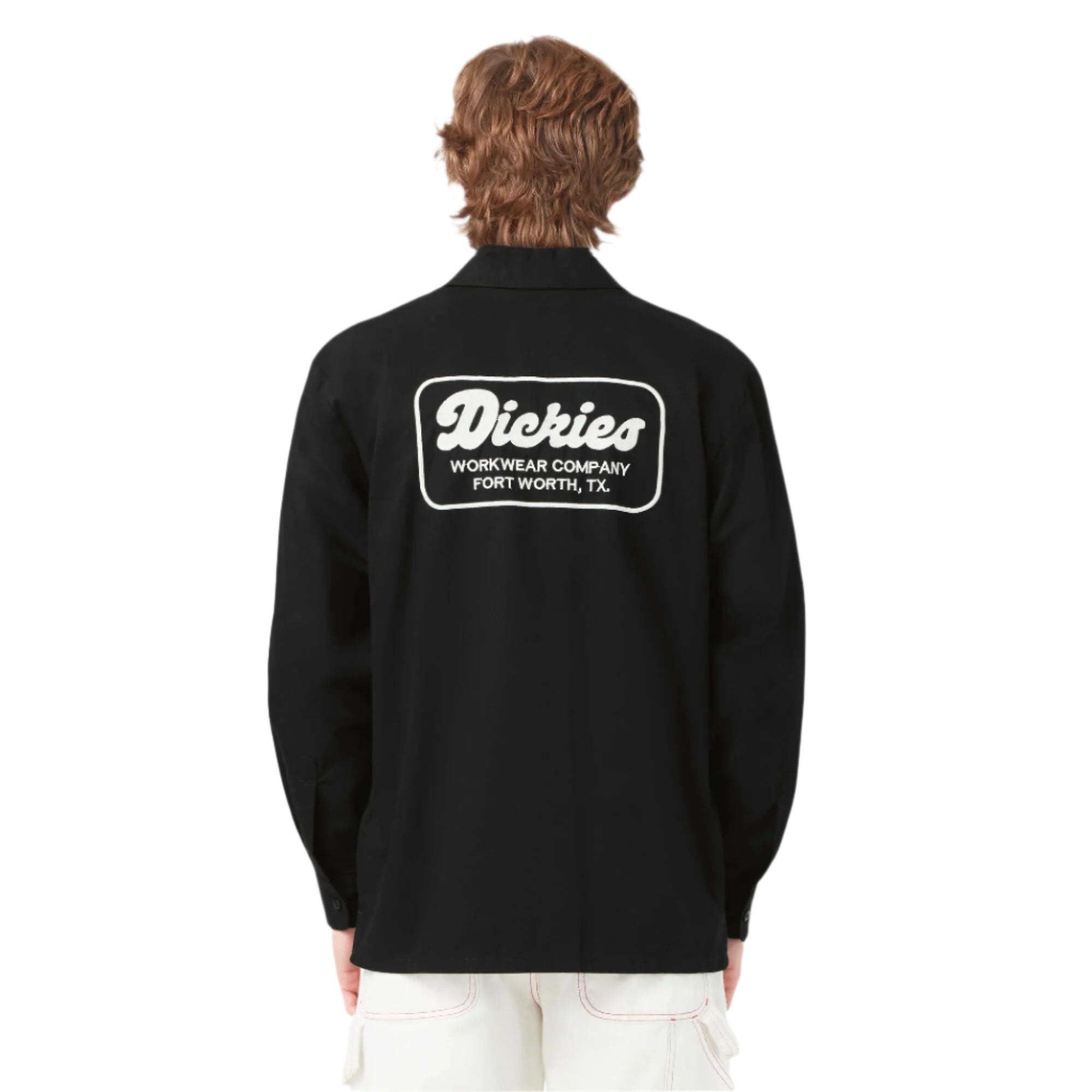 Person wearing a black Dickies shirt with logo on the back against a white background