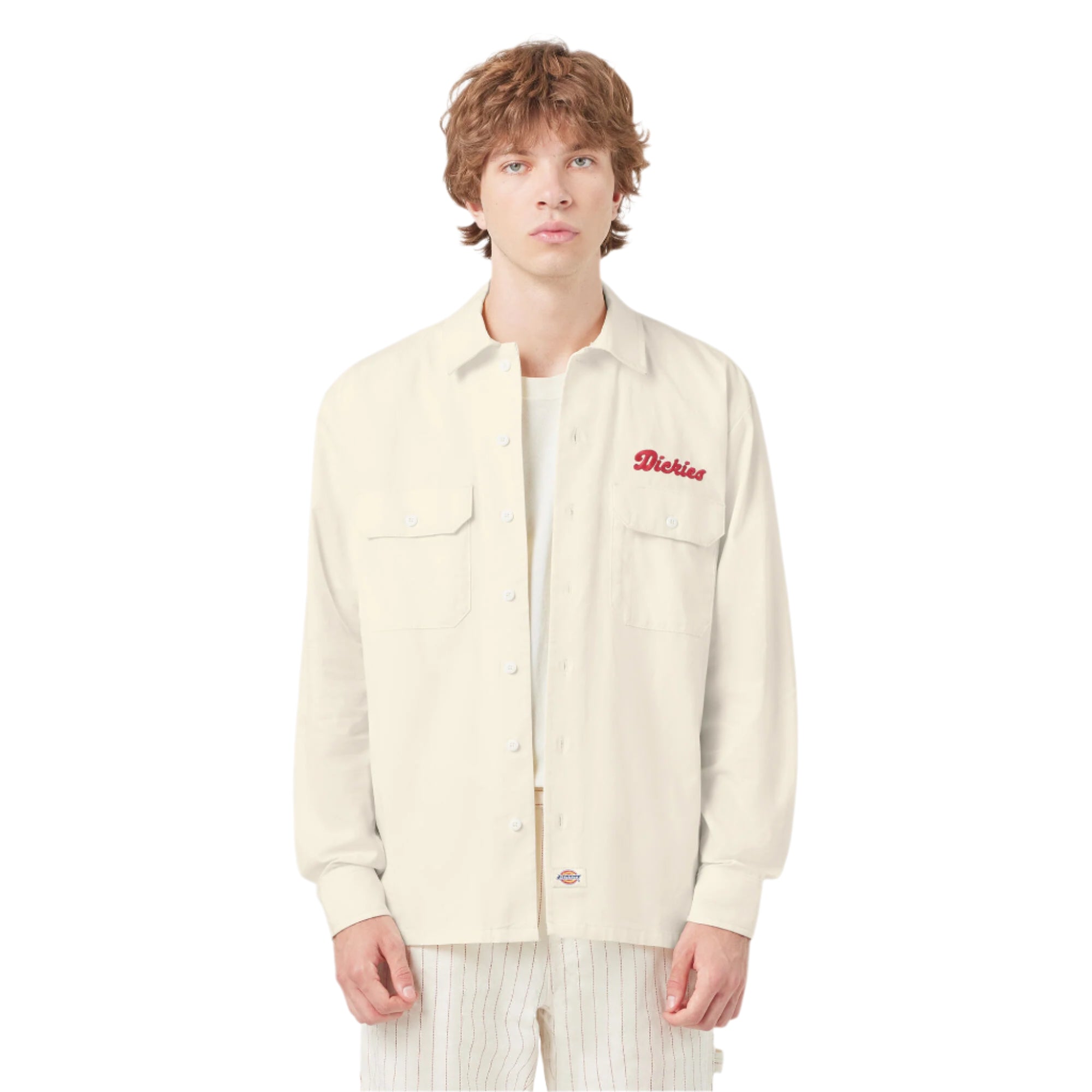 Person wearing a cream-colored denim jacket with a brand logo on a white background