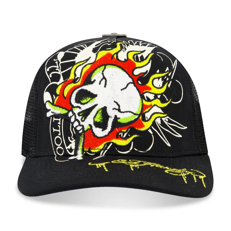 ED HARDY Embroidered Fire Skull Hat
