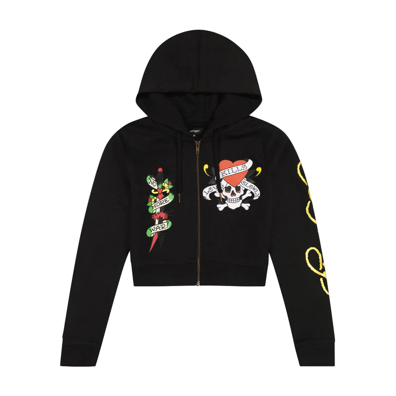 ED HARDY LKS Skull Black Zip Front Cropped Hoodie