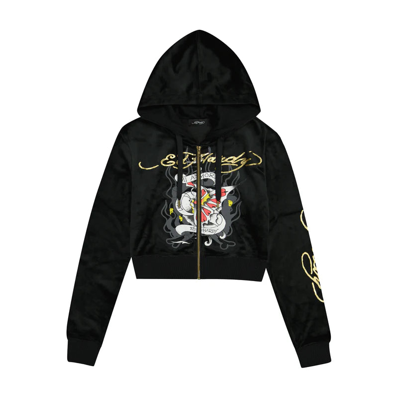 ED HARDY Amor Butterfly Velour Zip Front Hoodie