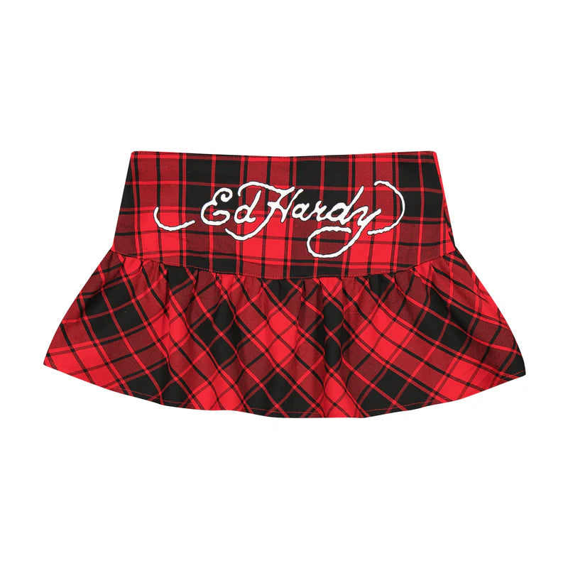 ED HARDY Dragon Plaid Flare Miniskirt