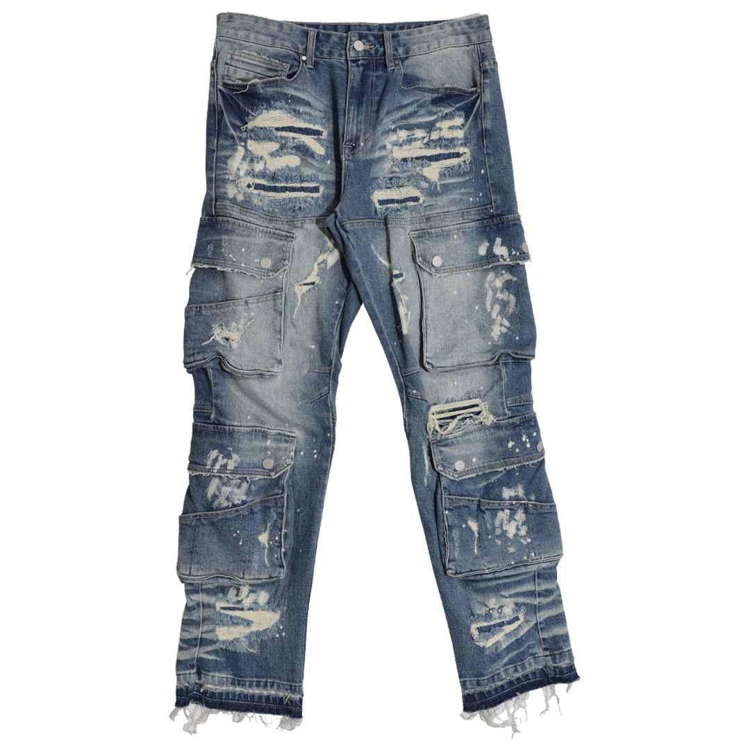 FIRST ROW Utility Cargo Repair Denim Pants