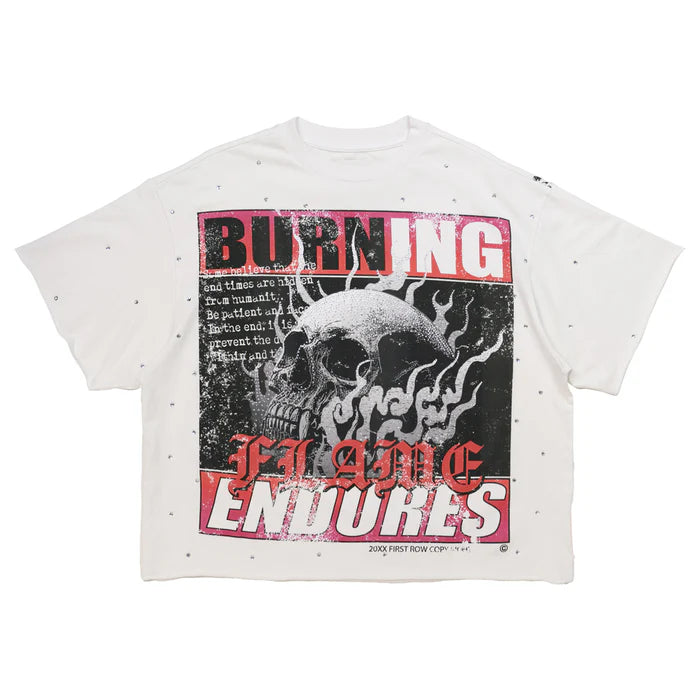 FIRST ROW Breaking News Burning Flames Cropped Tee