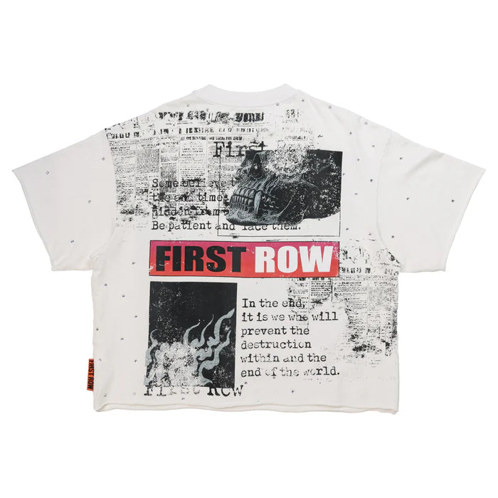 FIRST ROW Breaking News Burning Flames Cropped Tee