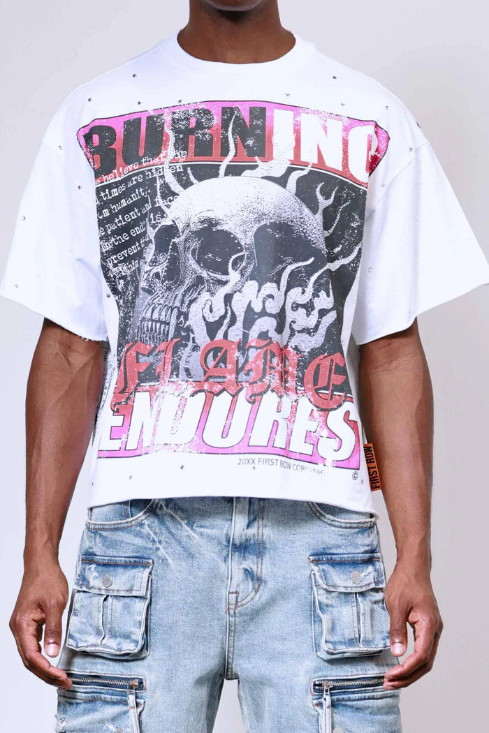 FIRST ROW Breaking News Burning Flames Cropped Tee
