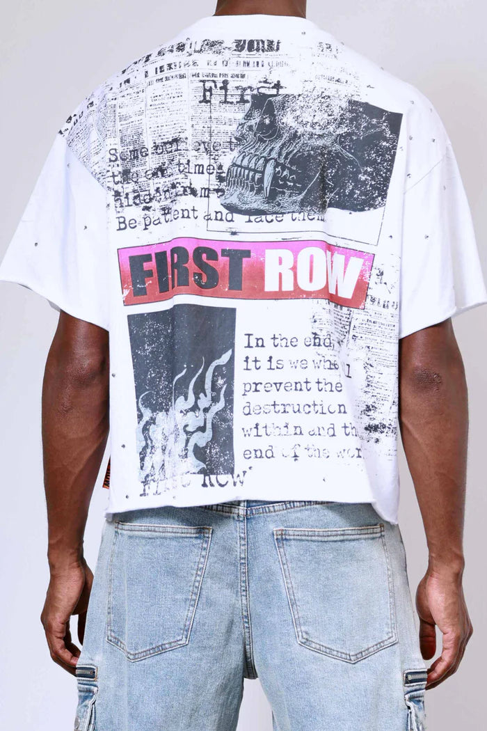FIRST ROW Breaking News Burning Flames Cropped Tee