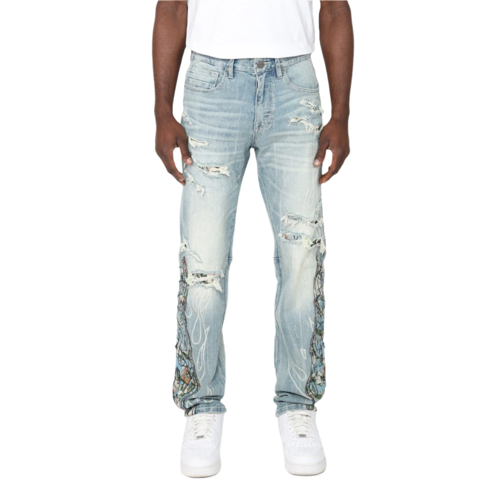 SMOKE RISE Long Slim Flame Tapestry Jeans