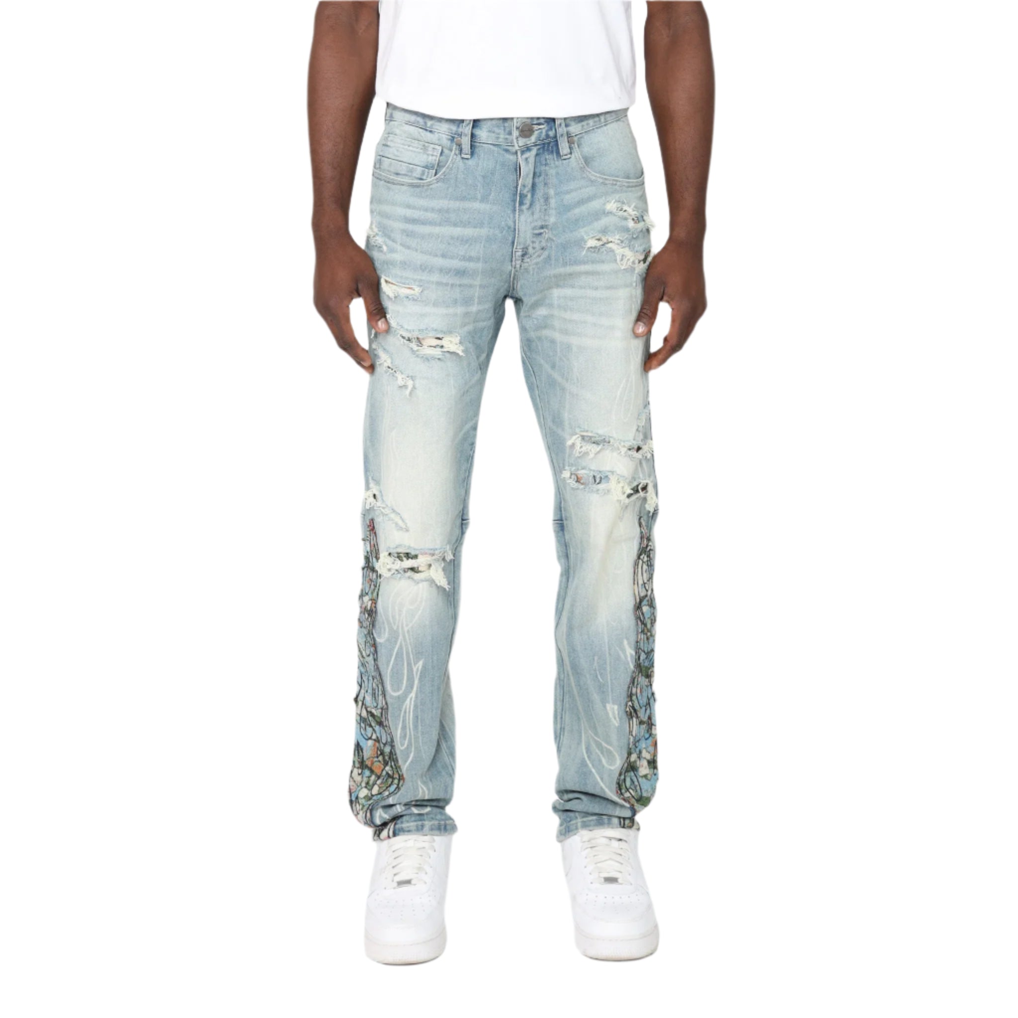 SMOKE RISE Long Slim Flame Tapestry Jeans