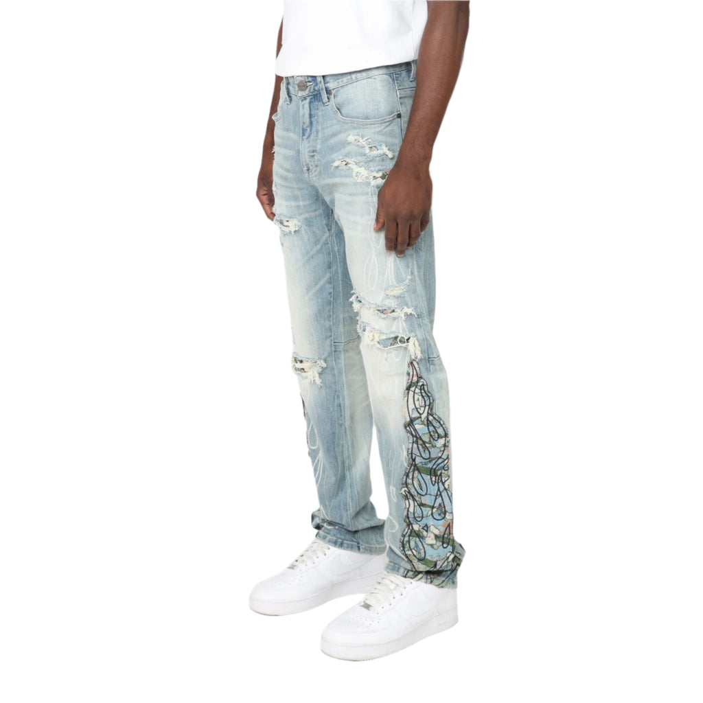 SMOKE RISE Long Slim Flame Tapestry Jeans