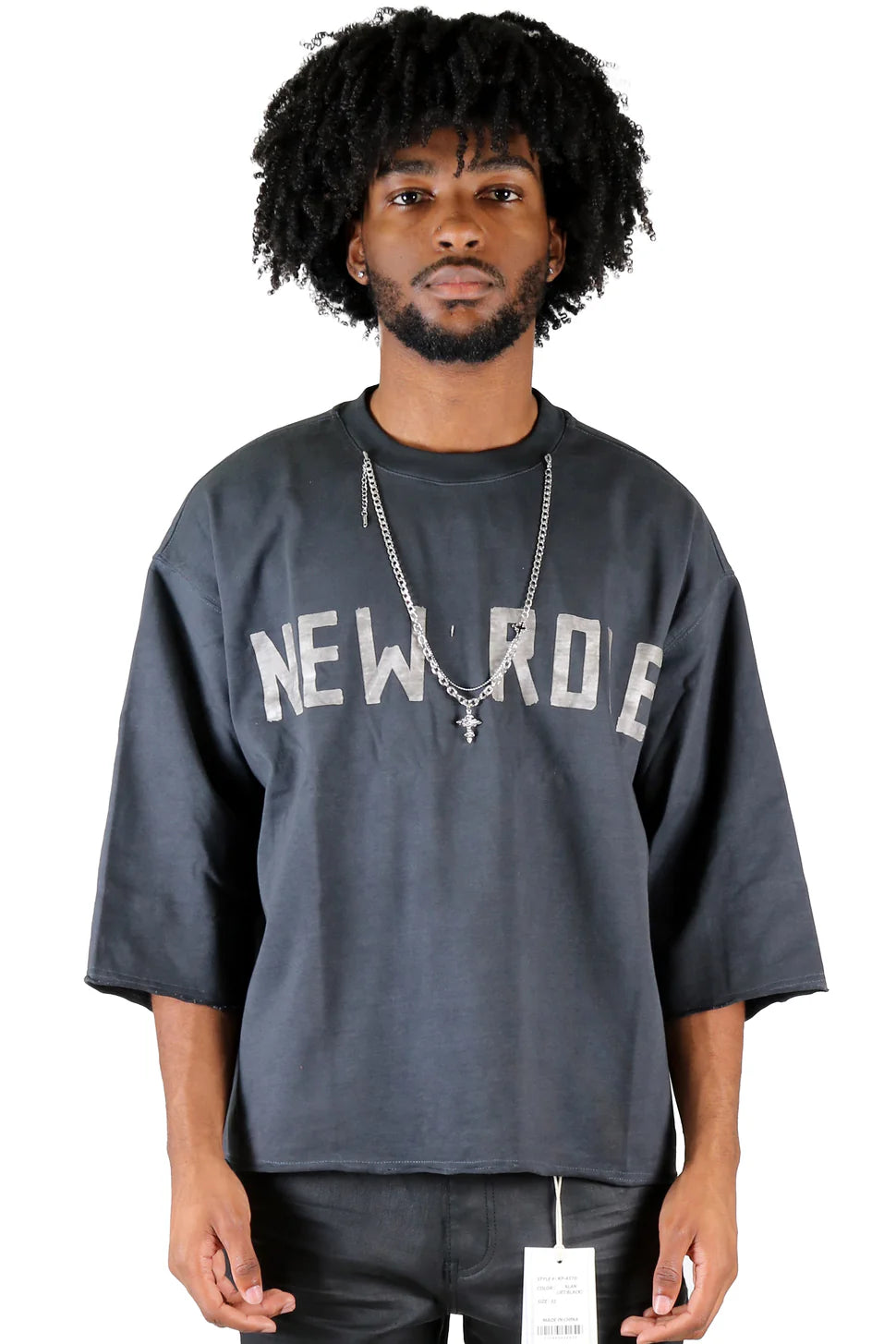 KLEEP Washed S/N Jersey 3/4 Sleeve Crop Top Tee with Detachable Necklace