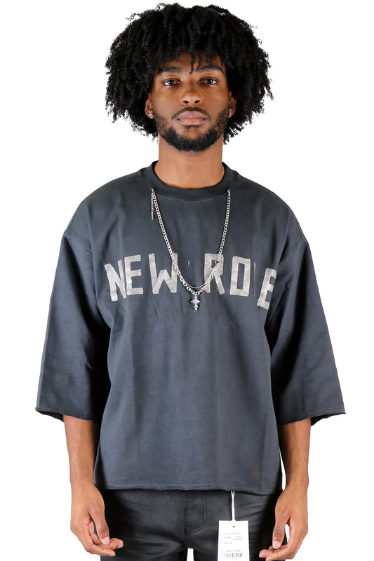 KLEEP Washed S/N Jersey 3/4 Sleeve Crop Top Tee with Detachable Necklace