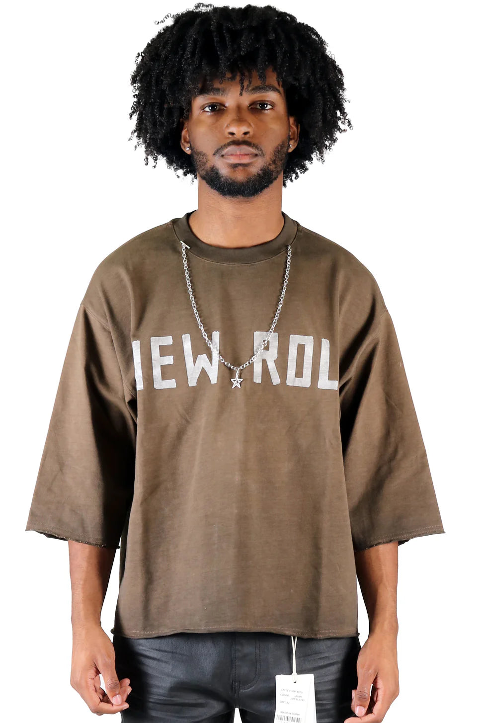 KLEEP Washed S/N Jersey 3/4 Sleeve Crop Top Tee with Detachable Necklace