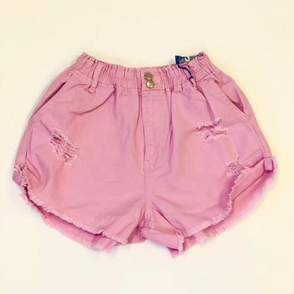 Women Elastic Waist Fray Hem Denim Shorts