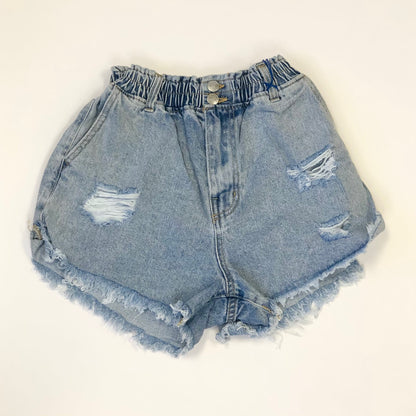 Women Elastic Waist Fray Hem Denim Shorts