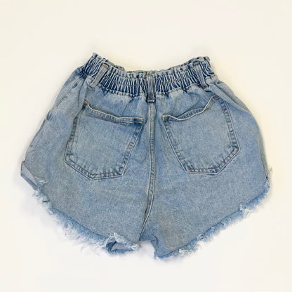 Women Elastic Waist Fray Hem Denim Shorts