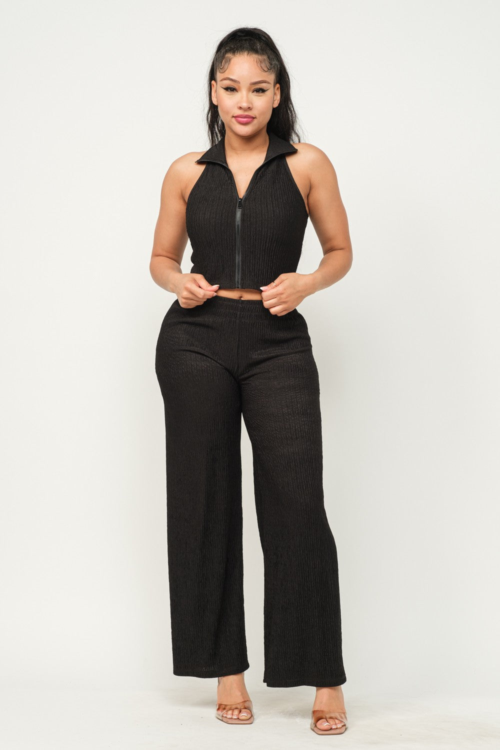 Winkle Textured Cropped Top / Pants Set