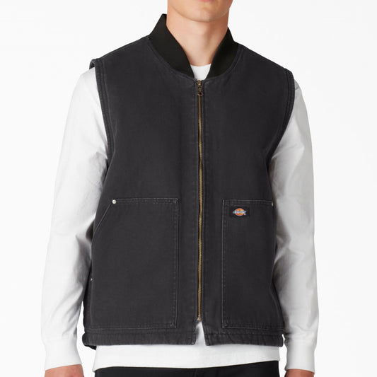 DICKIES Stonewashed Duck High Pile Fleece Lined Vest - Black