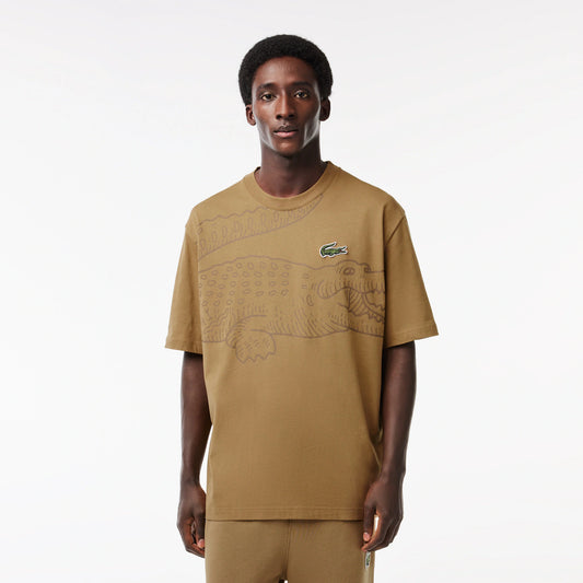 LACOSTE Men’s Crew Neck Loose Fit Crocodile Print T-Shirt - Brown