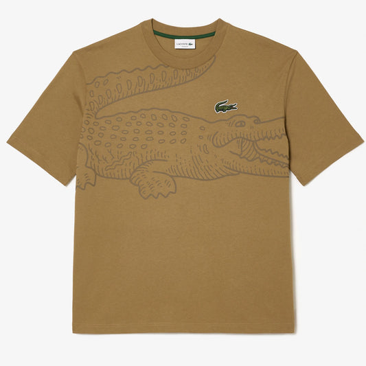 LACOSTE Men’s Crew Neck Loose Fit Crocodile Print T-Shirt - Brown