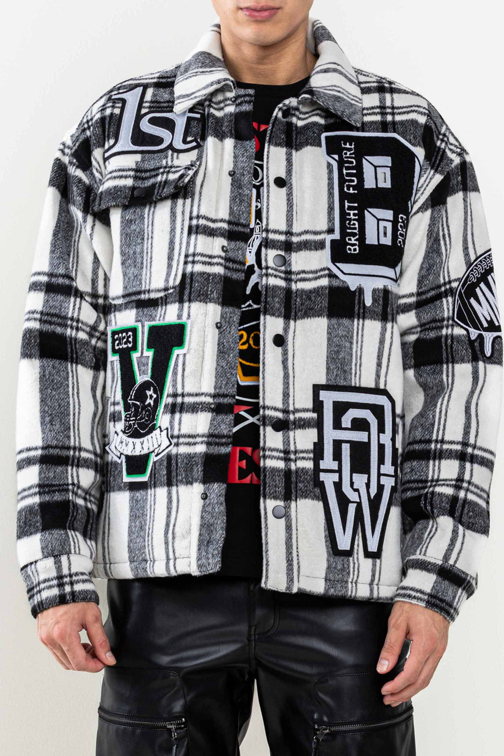 FIRST ROW Muti Patches Wool Check Padding Shacket - Black – K MOMO