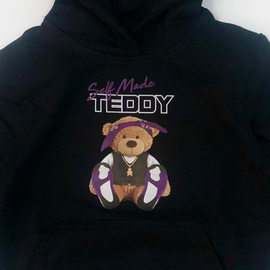 Premium Kid's Self Made Teddy Graphic Pullover Hoodie - Black/Purple