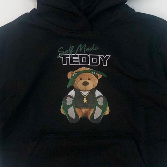 Premium Kid's Self Made Teddy Graphic Pullover Hoodie - Black/Green