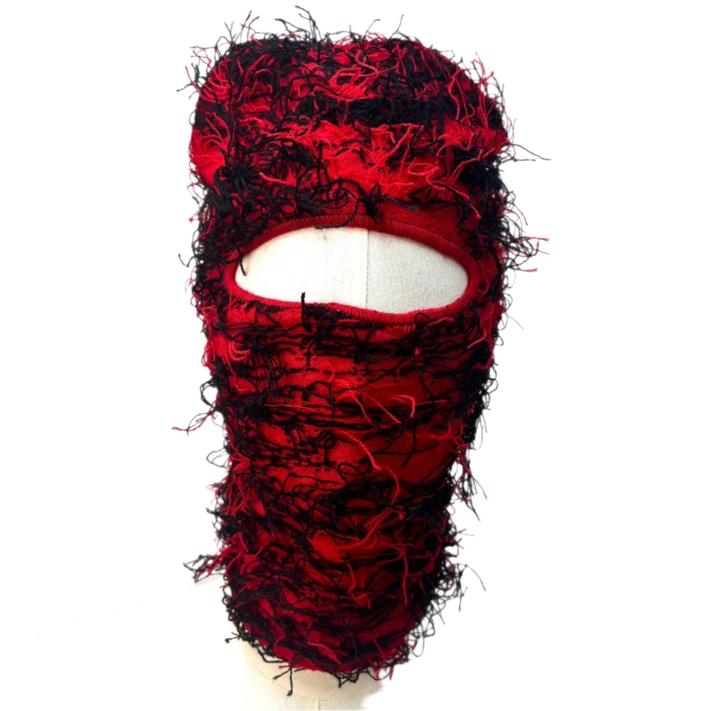 Fuzzy Shiesty Balaclava Distressed Knitted Full Face Ski Mask - Black/Red