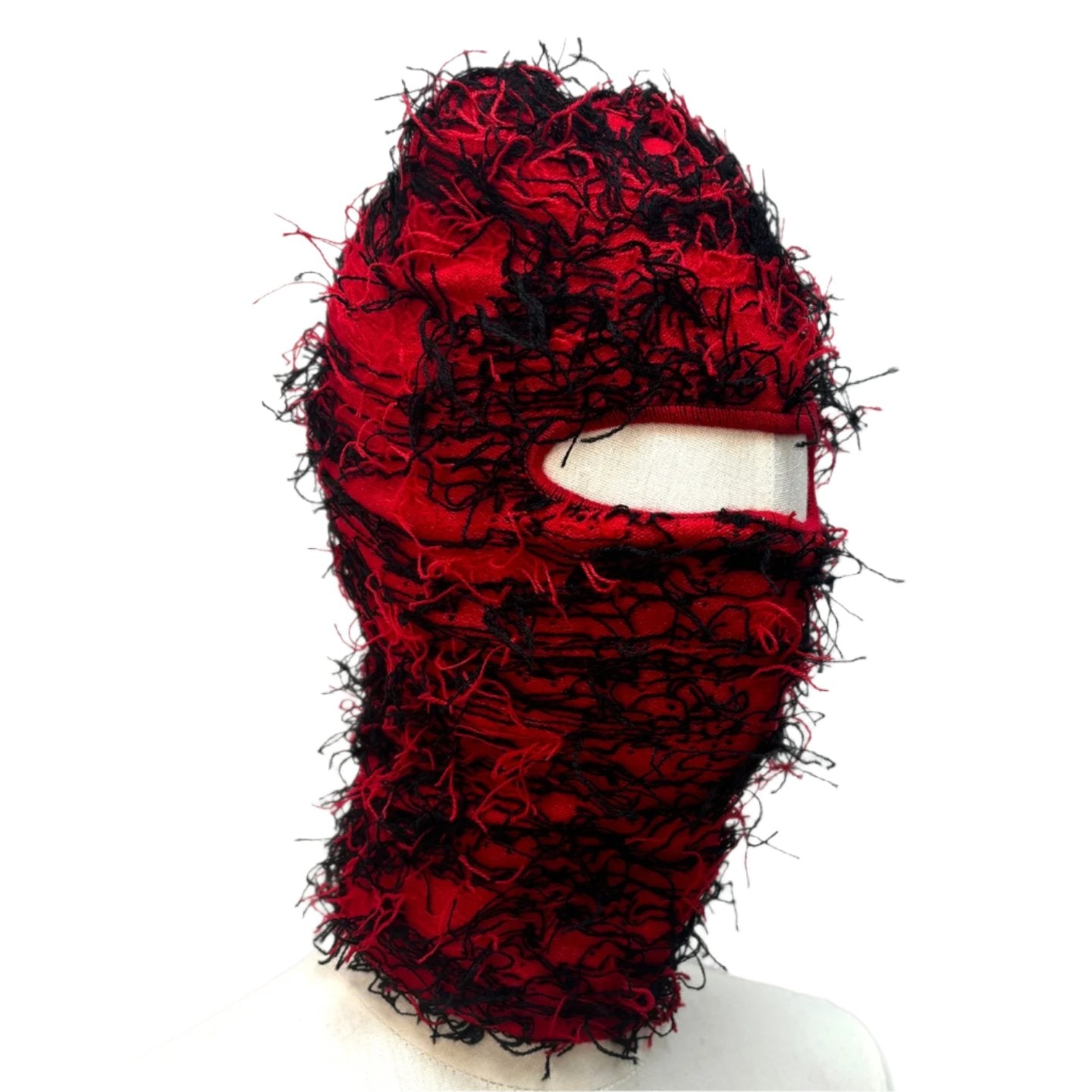 Fuzzy Shiesty Balaclava Distressed Knitted Full Face Ski Mask - Black/Red