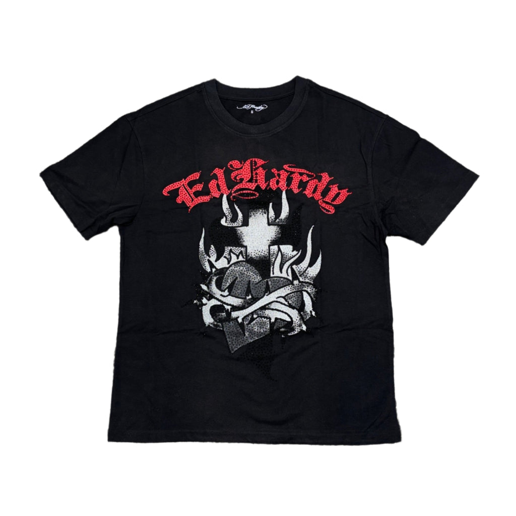 ED HARDY Sacred Heart Box Vintage Wash Rhinestone Tee