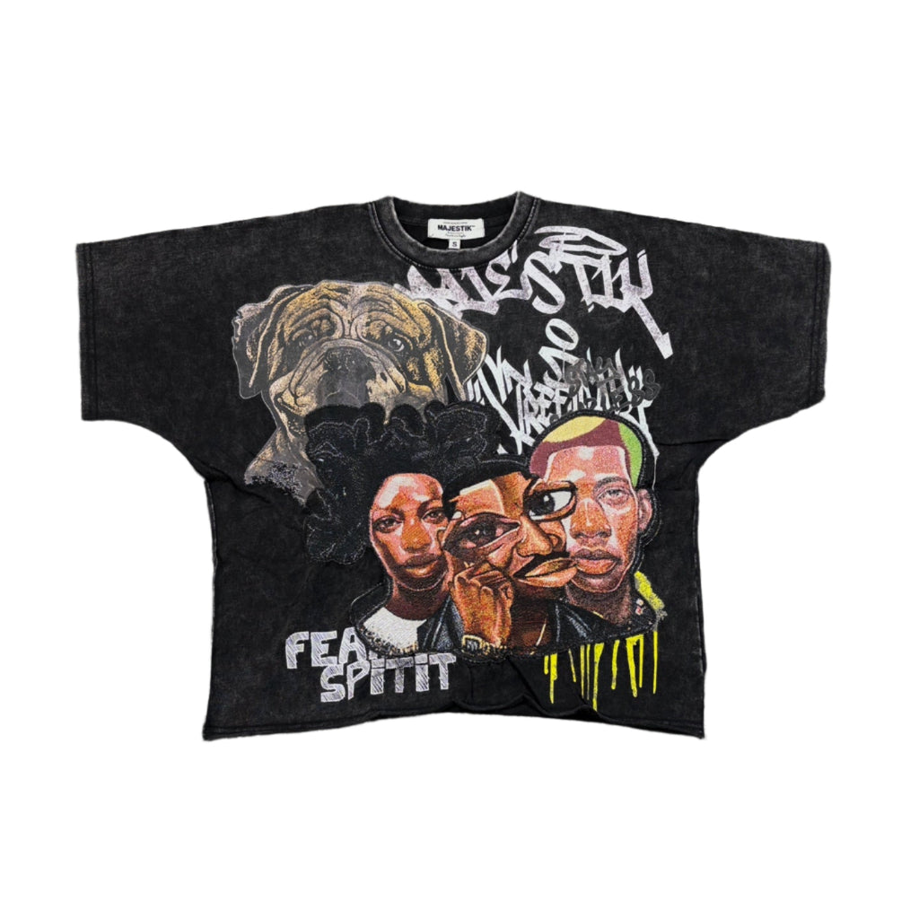 MAJESTIK Stay Fearless Garment Dyed Tapestry Patch Print Crop Tee