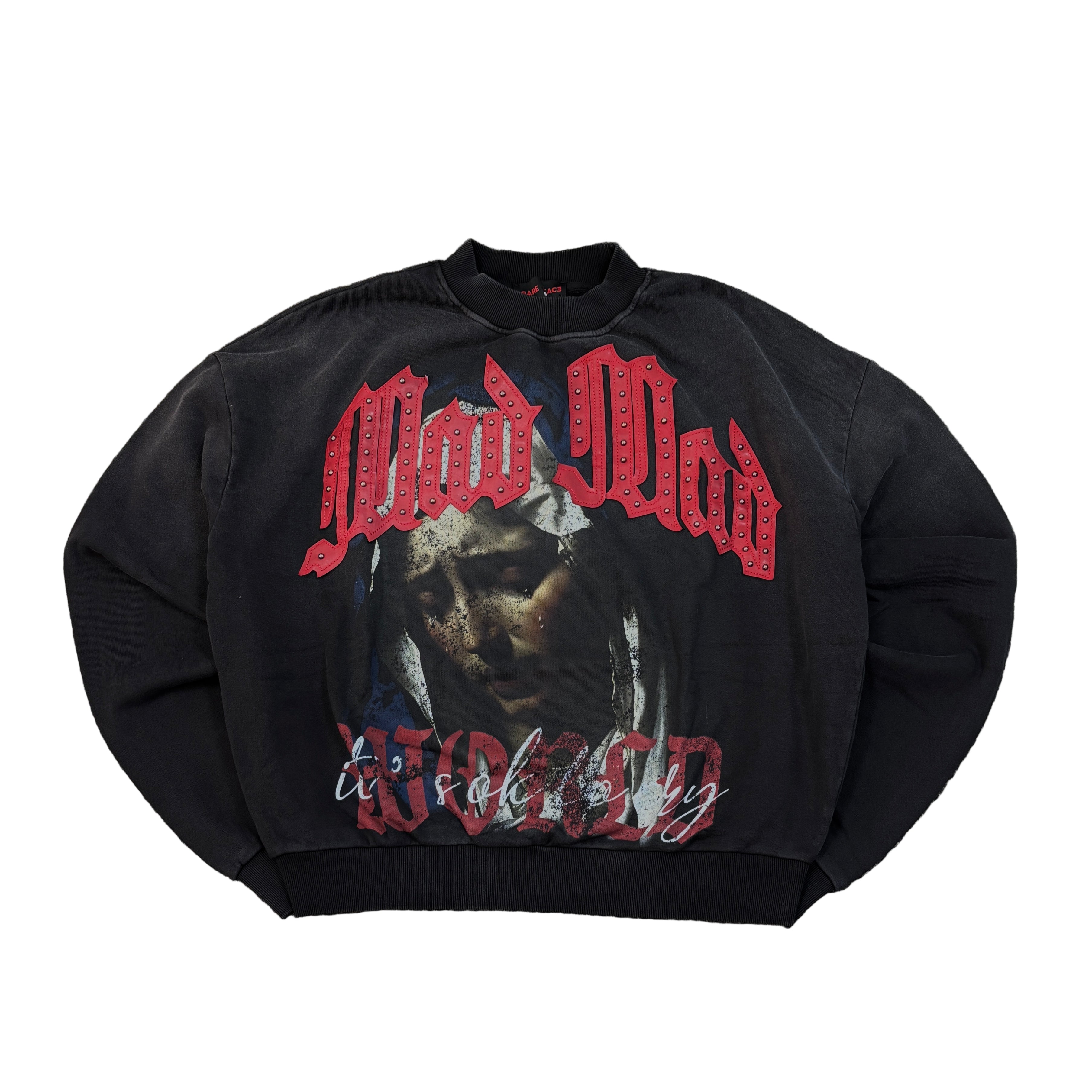 RARE PEACE Mad World Crop Crew Fleece