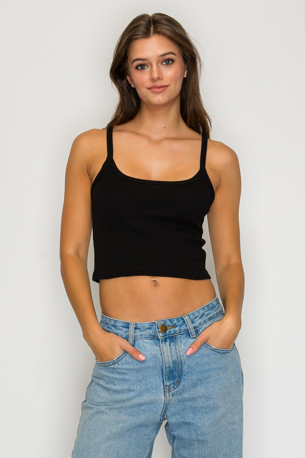 ROSIO Ribbed Spaghetti Crop Tank Top