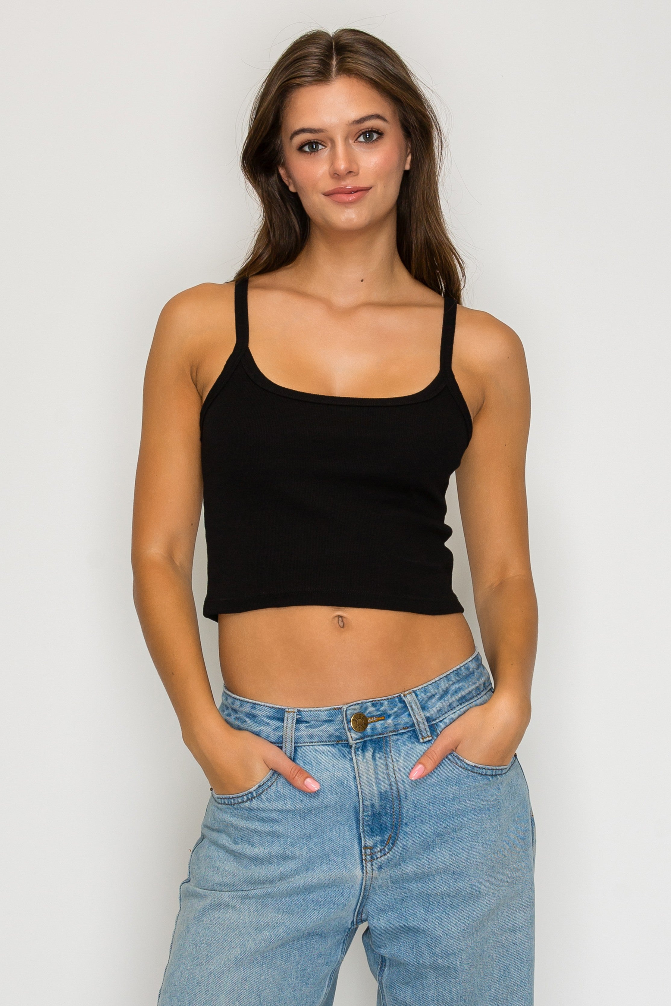 ROSIO Ribbed Spaghetti Crop Tank Top