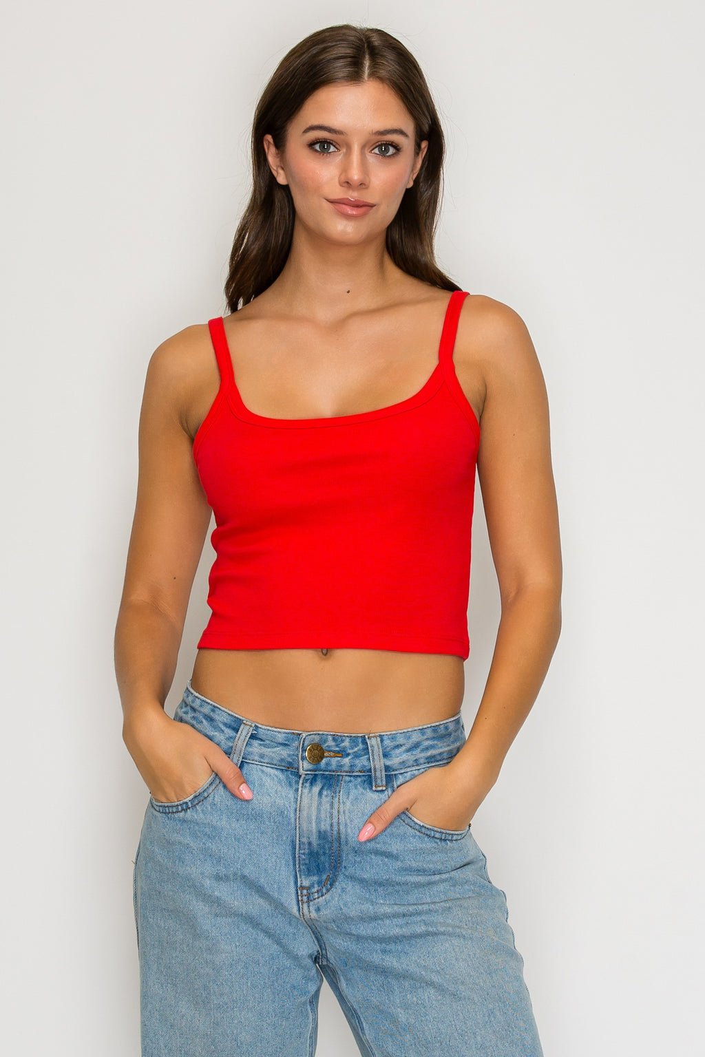 ROSIO Ribbed Spaghetti Crop Tank Top