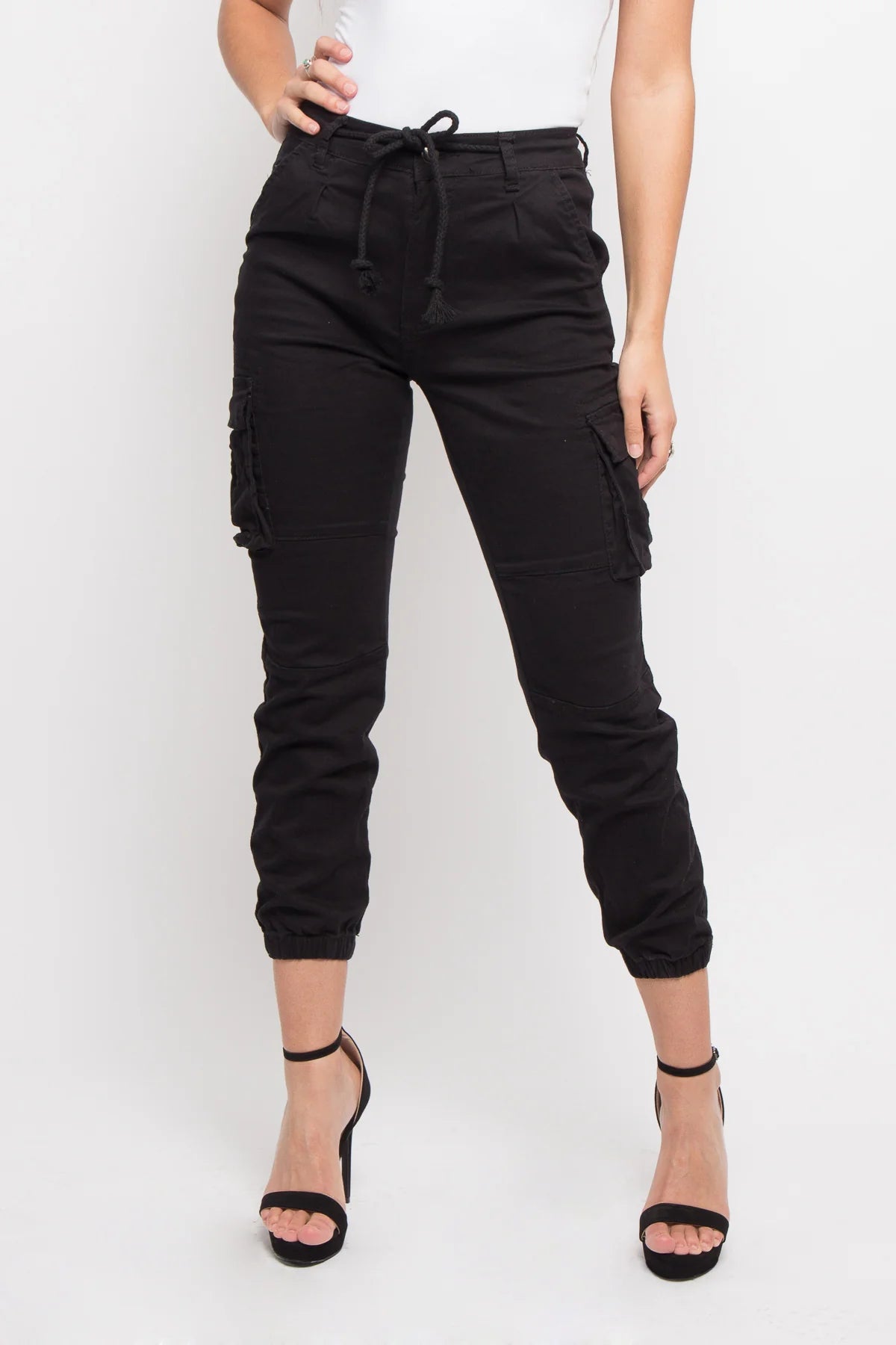 Women's Essential Basic Cropped Colored Cargo Joggers - Black