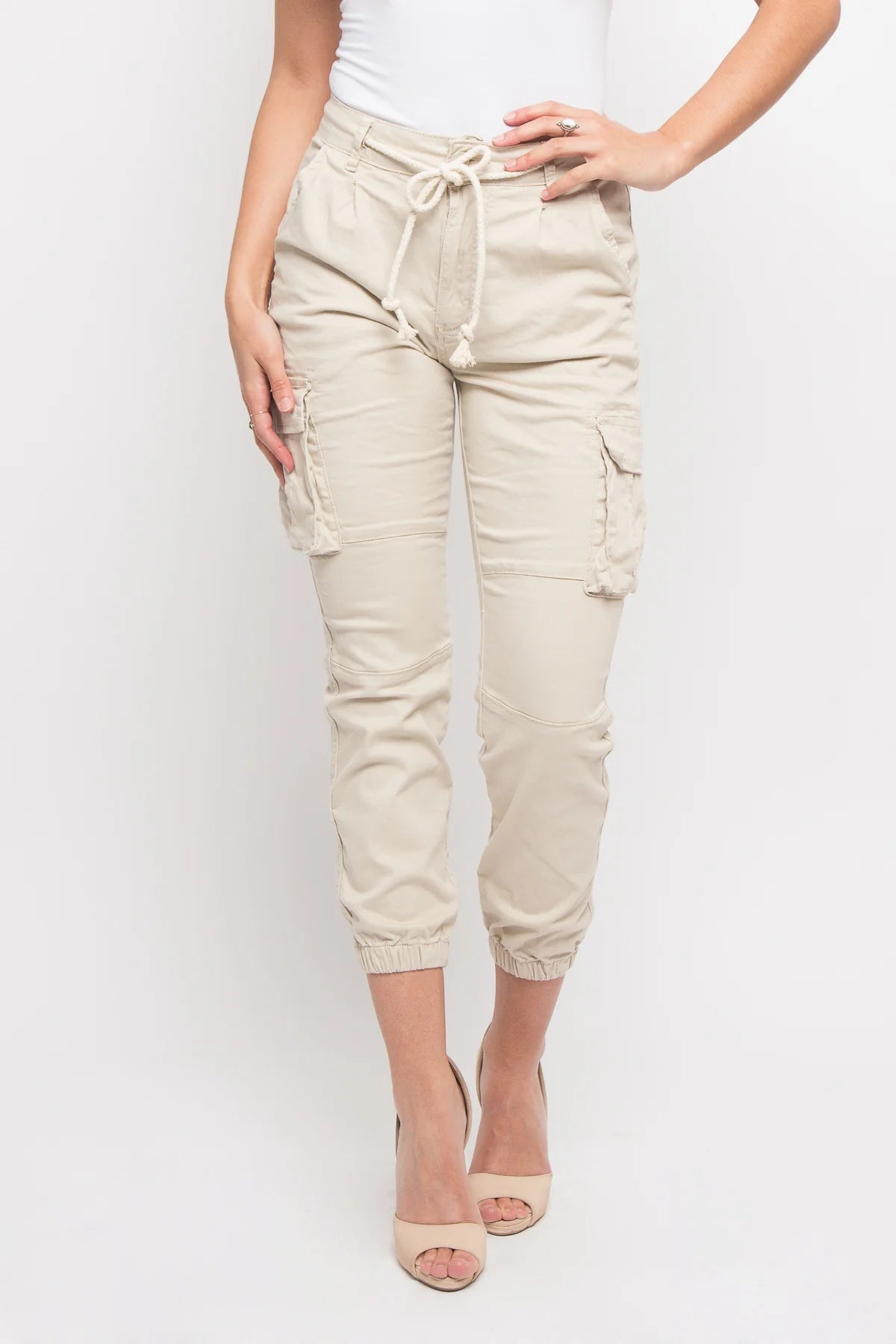 Women's Essential Basic Cropped Colored Cargo Joggers - Ivory