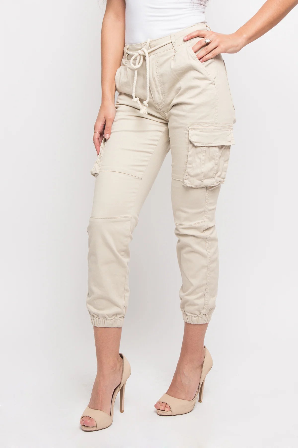Women's Essential Basic Cropped Colored Cargo Joggers - Ivory
