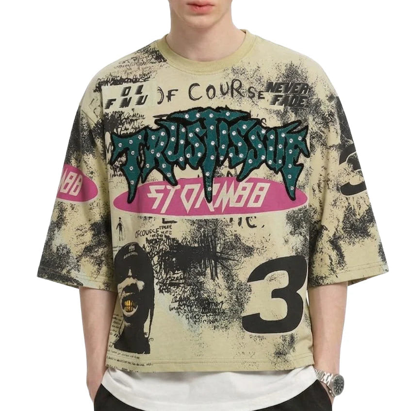 STORM88 Washed 3/4 Sleeve Crop Top Tee - S/N Jersey