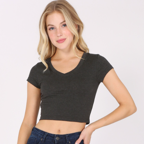 Women's Short Sleeve Stretch V-Neck Crop Top T-Shirt